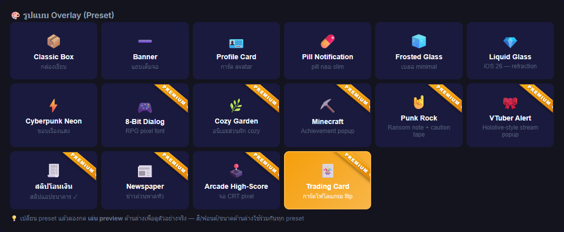 หน้า Settings → Overlay แสดง grid picker ของ 16 presets พร้อมเครื่องหมาย Premium